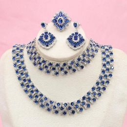 Necklace Earrings Set Design Royal Blue Stones Sets Silver Colour Wedding Jewellery For Women Ring Bracelet Gift Box