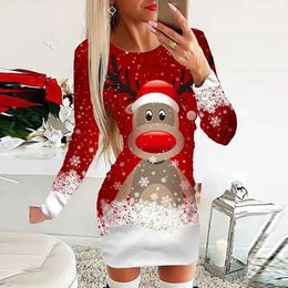 Basic Casual Dresses Christmas Dress Women O Neck Long Sleeve Elk Print Mini Dresses For Women Casual Bodycon Dress Red 231110