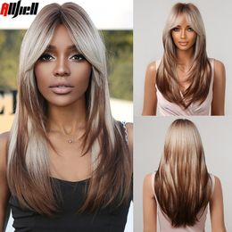 Synthetic Wigs Long Straight Blonde Layered Brown Balayage Ombre With Bang for Black Women Cosplay Costume Heat Resistant 230410