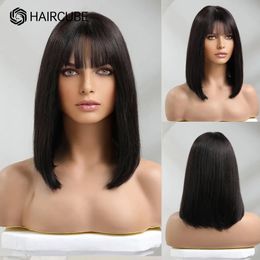 Lace Wigs HAIRCUBE Straight Bob Human Hair Wigs with Bangs Full Machine Made Wigs for Women 14 inch Long Natural Hair Human Hair Bob Wig 231109