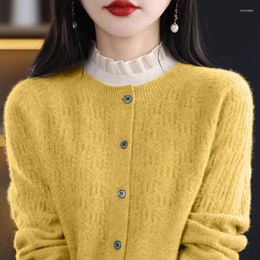 Women's Knits Early Spring Cashmere Cardigan Round Neck Solid Colour Jacquard Hollow Coat Sweater 100 Pure Wool Knit Top