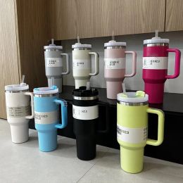 Stocks 40oz H2.0 Stainless Steel Tumblers With Silicone Handle Lid Straw 2nd Generation Big Capacity Travel Car Cups Vacuum Insulated Water Bottles