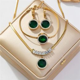 Necklace Earrings Set 316L Stainless Steel Light Luxury Emerald Circle Stone Pendant Chain Bracelet Jewelry Acier Inoxydable Women