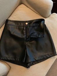 Women's Shorts Women Chic Fashion Side Pockets Faux Leather Vintage High Waist Zipper Female Short Pants Mujer Black Feminino