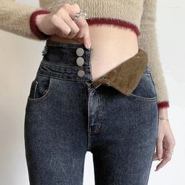 Women's Jeans 2023 Winter Cashmere Thick Pants Women Fashion High Waist Slim Fit Demin Pencil Female All Match Button Trouser