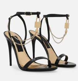 Elegant Brand Designer Patent Leather Women Sandals Shoes Charm-embellished ChainBlack & Gold Padlock Heeled Pumps Lady Gladiator Sandalias With Box.EU35-43