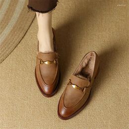 Dress Shoes Winter Hair Cow Leather Loafers Round Toe Chunky Heel Women Pumps For Concise Ladies High Heels