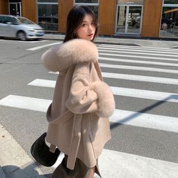 Women's Fur Faux Fur Autumn/Winter Fox Fur Collar Double sided Cashmere Coat for Women's Mid length and Young Style Hooded and Lace Up Woollen Coat 231110