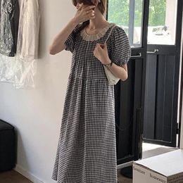 Casual Dresses White And Black Plaid Dress 2023 Summer Mori Lace Round Neck Bubble Sleeve Long Maxi Birthday For WomenCasual