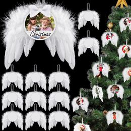 Christmas Decorations 12set White Angel Wings Tree Decor Hanging Ornament Wedding Party Feather Wing with Blank Thermal Sublimation Plate 231109