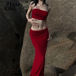 Work Dresses PixieKiki Sexy Red Two Piece Strapless Crop Top And Long Skirt Set Night Club Outfits For Women Matching Sets P71-CC28