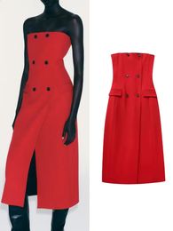 Basic Casual Dresses TRAF Women Fashion Red Strapless Midi Sheath Dress Vintage Pockets Decoration Back Zipper Female Spring Autumn Backless 231109