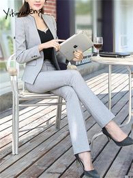 Women's Two Piece Pants Yitimuceng Slim Suits For Women 2023 Fashion Office Ladies Long Sleeve V Neck Blazers Vintage High Waist Pencil