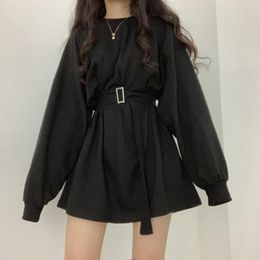 Casual Dresses Autumn 2023 Loose Round Neck Fashion High Street Women Dress Solid Colour Long Sleeve Belt Design Simplicity