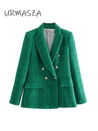 Women's Wool Blends Women jacket Autumn Fashion Double Breasted Tweed Cheque Blazer Coat Vintage Long Sleeve Pockets Female Outerwear Chic 231109