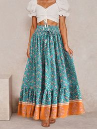 Skirts Happy Queens Fashion Women's Floral Print Beach Bohemian Pleated Leather Rayon Cotton Elastic High Waist Bohemian Maxi Leather Women's 230410