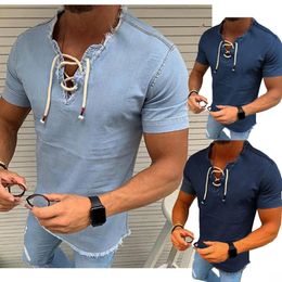 Men's TShirts Mens Vneck Tshirt hollow out Laceup Shirt Casual short Sleeve Wash Vintage Denim Blouse Fitness Bodybuilding Tops 230410