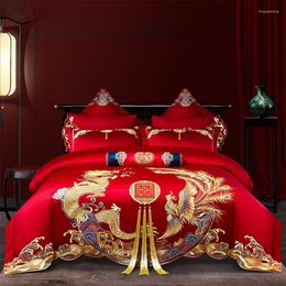 Bedding Sets Golden Tassel Loong Phoenix Embroidery Duvet Cover Set Luxury Chinese Wedding Red Cotton Bed Sheet Pillowcases