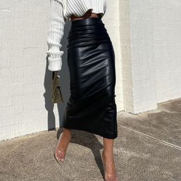 Skirts Winter Sexy Elegant Office Lady Pu Shining Leather Split Vintage Y2K Black Long Woman Clothes 230410