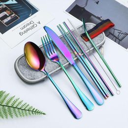 Dinnerware Sets Set Travel Camping Cutlery Reusable Straw Spoon Fork Chopsticks Portable Case Multicolor Vajilla