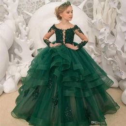 Girl Dresses Gorgeous Green Flower Scoop Neck Appliqued Beaded Long Sleeves Pageant Gowns Ruffle Tiered Sweep Train Birthda