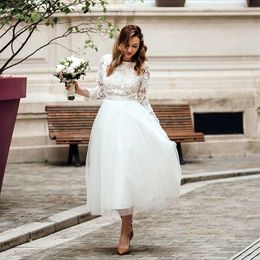 Vintage Tea Length A Line Wedding Dress Lace Top 3/4 Long Sleeves Ivory Tulle Bridal Gowns Garden Simple Bride Dresses 2024