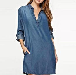 Casual Dresses Women Soft Denim Dress Long Sleeve Turn Down Collar Shirt Blue Jean Vestido #G2