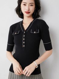 Women's Sweaters V-neck Wool Short-Sleeved T-Shirt Women 2023 Summer Ice Silk Slim Fashion Five-Point Sleeve Top 60122