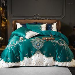 Bedding Sets Dark Green Patchwork Embroidery Satin Cotton Luxury Duvet/Quilt Cover Bed Sheet Linen Pillowcases Home Textile