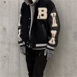 Men's Jackets Hip Hop Furry Bone Patchwork College Mens Harajuku Casual Bomber Varsity Jacket Women Baseball Coats Unisex WQ573 230410