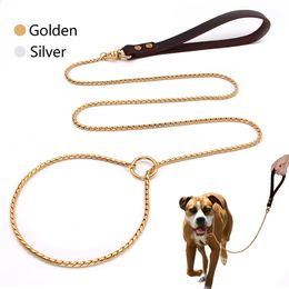 Dog Collars Leashes 2IN1 Dog Chain Collar Leash 304 Stainless Steel Dog Metal Collar Choke Silver Gold Pet Lead Rope With Leather Handle For Show 231110