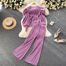 Women's Two Piece Pants Elegant Women Purple Pant Suits 2023Spring Autumn Solid Puff Sleeve Top Pleated Chiffon Wide-Leg 2 Set Female Outfit