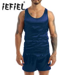 Men's Sleepwear Mens Satin Pyjamas Nightwear Sleeveless Tank Top Shorts Sleepwear Nightclothes Summer Nightgown Loungewear for Underwear Sets 230410