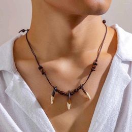 Choker Gothic Vintage Acrylic Imitation Ivory Pendant Clavicle Necklace Ethnic Brown Wood Beads Adjustable Rope Chain Jewellery