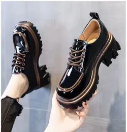 Dress Shoes British Style Chunky Platform Pumps Casual Women's Spring Autumn Lace Up Thick Heels Loafers Woman Patent Leather Fashion High H