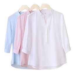 Women's Blouses Shirts Insta Half Sleeve Elegant Shirt White Pink Button Vintage Shirt Standing Collar Women's Cotton Shirt Women's Casual S-3XL 230410