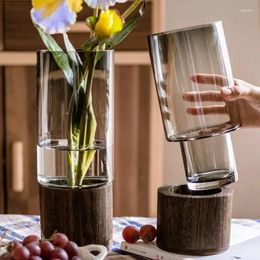Vases Wooden Glass Vase Decoration Straight Tube Water-raised Flowers Living Room Dried Flower Arrangement Light Luxury