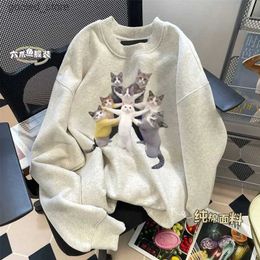 Men's Hoodies Sweatshirts Retro trend hip-hop creative cat print round neck sweater top autumn and winter loose fitting casual men and women long sleeves Q231110
