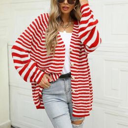 Women's Knits Christmas Women Red White Colorblock Striped Knitted Sweater Autumn Fashion V-Neck Ribbed Loose Cardigans For Daily Or Party