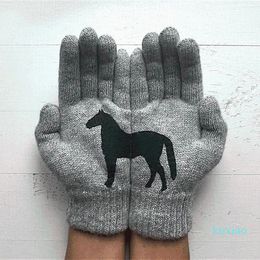 Five Fingers Gloves Animal Horse Printed Knitted Full Finger Wrist Women Girls Winter Warm Riding Cycling Mittens