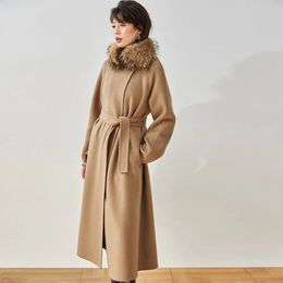 Women's Fur Faux Fur OC00365 Autumn and Winter Mid Length Women's Coat with Loose Collar and Fashionable Lace Up Doublesided Cashmere Ashaped Coat 231110