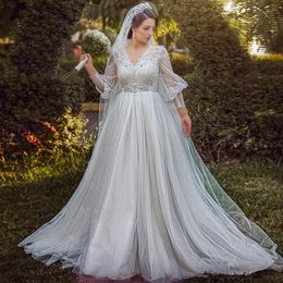 Elegant Beaded Appliqued Wedding Dresses V Neckline Bridal Gowns Long Sleeves Pleated A Line Tulle Sweep Train Vestido De Novia