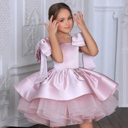 Girl Dresses Pink/White Satin Flower Dress Sleeveless Lace Fluffy Knee Length Party For Wedding First Communion Gown