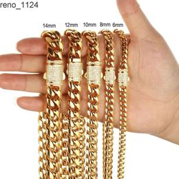 Hip Hop 6-14mm Width 18K Gold Plated Stainless Steel Iced Out Zircon Buckle Cuban Chain Necklace Miami Cuban Link Chain Necklace