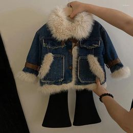 Down Coat Kids Clothes Toddler Jacket 2023 Winter Outerwear Girls' Plush Polo Thick Denim And Velvet Flare Pants