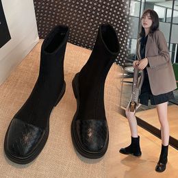 2023 new low heel elastic boots fashion Joker square toe booties women plus velvet Martin boots