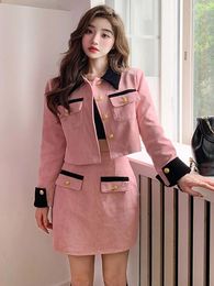 Work Dresses Women Sweet Fashion Two Piece Set Temperament Lapel Long Sleeve Corduroy Short Jackets Coat A-Line Mini Skirts Female Outfits