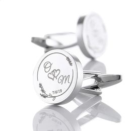 Cuff Links Personalised Mens Shirt Cufflinks Customised Groom Name Cuff links Buttons Wedding Gifts Sliver Round Suit Cufflink Men Jewellery 231109