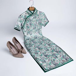 Ethnic Clothing Oversize 4XL Green Qipao Flowers Dresses Traditional Chinese Lady Mid-length Silk Evening Dress Brocade Novelty Cheongsam