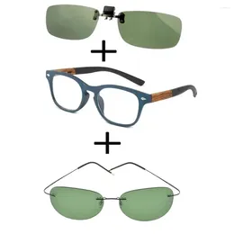 Sunglasses 3Pcs!!! Comfortable Wooden Squared Frame Reading Glasses For Men Women Polarised Thin Leg Metal Clip